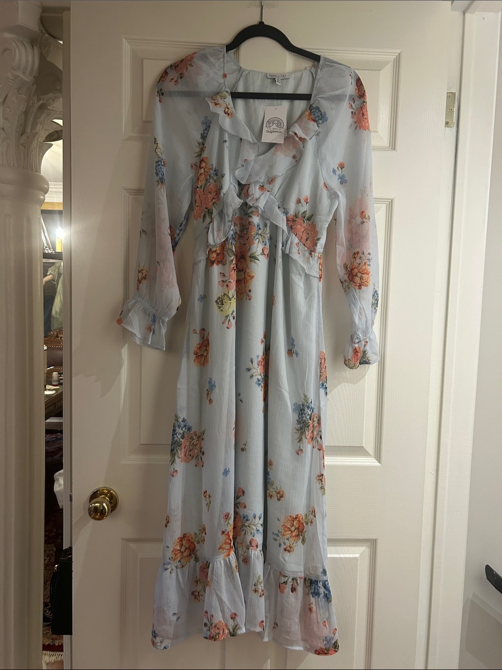 Patrons of Peace Light Blue Floral Ruffle Maxi Dress